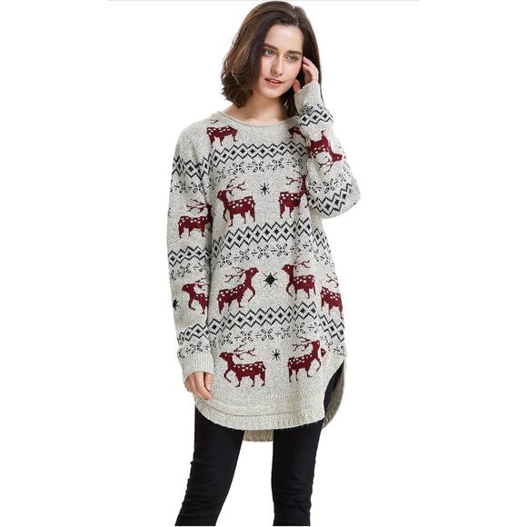 Shineflow Reindeer Fair Isle Oversized Sweater L Nordic Xmas Winter Knit Cozy - Picture 3 of 5